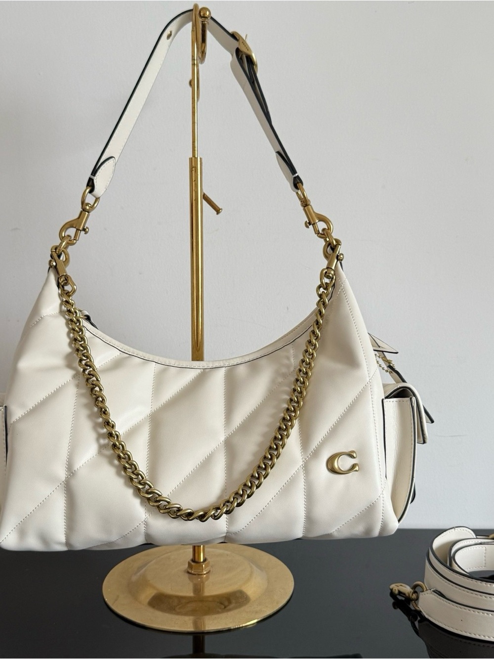 Coach Cream Quilted Shoulder Bag with Gold Chain